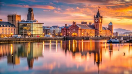 Fototapeta premium Soft pink hues and golden light illuminate cardiff bays majestic waterfront buildings at dawns gentle south wales awakening