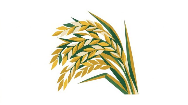 Agriculture - Golden Rice Stalks with Green Leaves Flat Design Vector Illustration on White Background