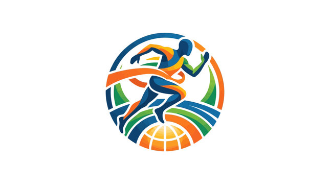 Dynamic global marathon runner colorful finish line logo