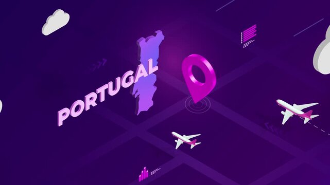 Isometric Design, Portugal Map Silhouette Location Pin and Airplanes on Purple Animation, Travel Background
