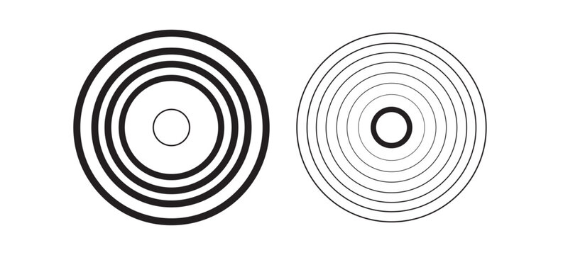 Black concentric circle set. Sonar or sound wave ring collection. Dotted and linear epicentre, target, radar icon concept. Ripple radial signal or vibration elements. Vector