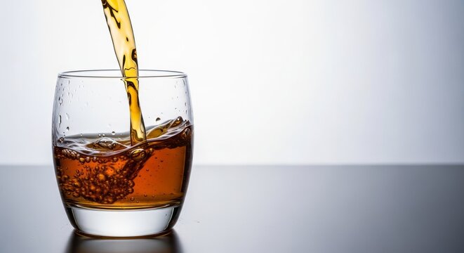 A crisp amber liquid streams into a sleek, transparent glass set against a neutral backdrop, highlighting the fluid motion and clarity, glass, transparent, drinkware