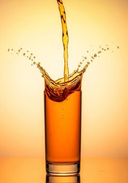 A crisp stream of amber liquid cascades into a tall glass, creating a perfect splash against a minimalist, bright, symmetrical backdrop, studio, detail, dynamic