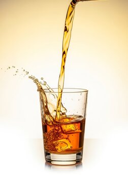A crisp stream of amber liquid cascades into a tall glass, creating a perfect splash against a minimalist, bright, symmetrical backdrop, amber, creative, detail