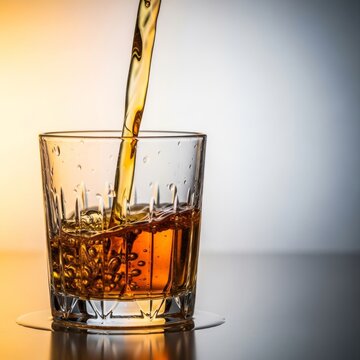 A crisp stream of amber liquid pours into a clear crystal glass, creating delicate splashes against a clean and minimalist background, healthy, isolated, juice
