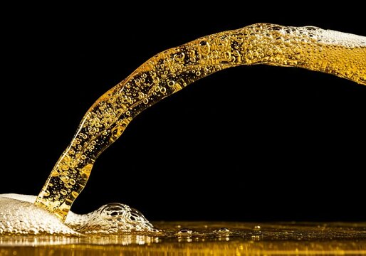 A continuous stream of golden sparkling wine pours gracefully against a plain backdrop, capturing fine bubbles and a minimal aesthetic, fizzy, shimmer, spray