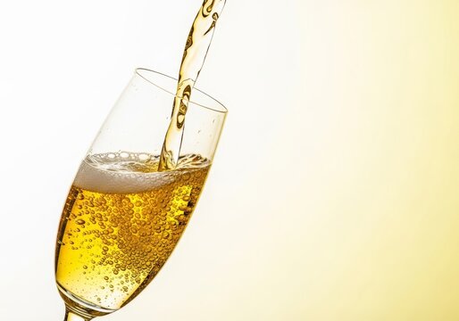 A crisp stream of golden sparkling wine pours into an elegant flute glass, creating fine bubbles against a minimalist, bright background, elegant, closeup, liquid