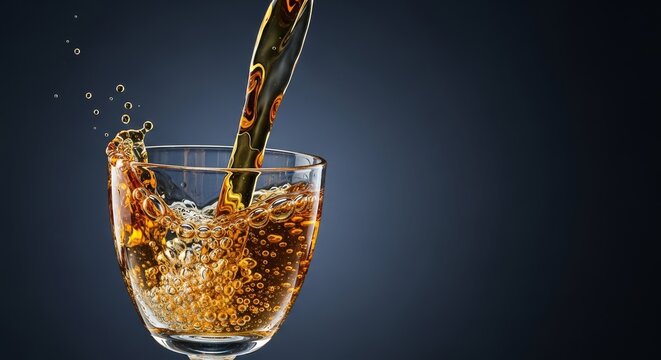 A crystal clear amber liquid pours into a glass cup creating dynamic splashes and rising bubbles against a dark atmospheric background, artistic, beverage, dark