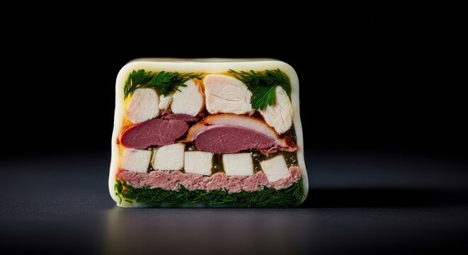 A cross-section of a gourmet meat terrine showing intricate layers of poultry, seasoned forcemeat, and vibrant herbs on a dark background, texture, roast, charcuterie