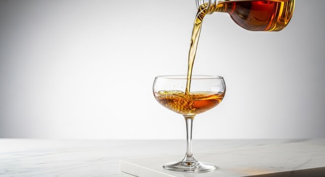 A crystal clear amber liquid flows elegantly into a designer coupe glass set against a minimalist marble background with soft shadows, fluid, studio, glassware