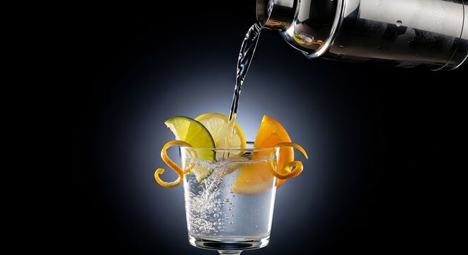 A crystal clear cocktail flows from a polished metal shaker into a chilled glass against a dark background with vibrant citrus garnishes, studio, party, metal