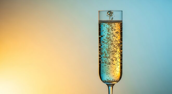 A crystal clear flute glass filled with sparkling light gold wine as delicate effervescent bubbles rise gracefully toward the top surface, wine, chilled, brunch