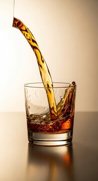 A crystal clear glass captures a stream of amber liquid pouring gracefully against a clean, soft beige background with elegant splashes, macro, still life, liquid