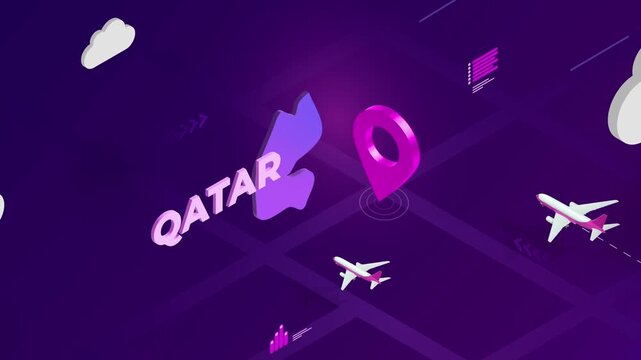 Isometric Design, Qatar Map Silhouette Location Pin and Airplanes on Purple Animation, Travel Background
