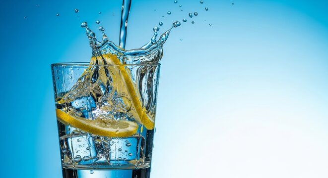 A crystal clear glass filled with ice cubes and lemon slices receives a splash of sparkling water, creating bubbles and droplets on the side, drink, lemon, fresh