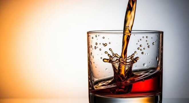 A crystal clear glass receives a stream of dark amber liquid creating a dynamic splash with tiny droplets suspended in the mid-air studio, fresh, splash, clear