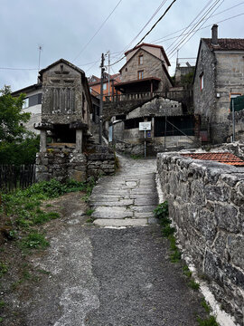 Stone horreo granary along Camino de Santiago in Arcade Spain