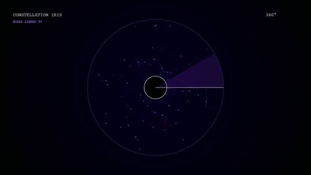A futuristic hud graphic displays an iris scan verification process while scanning complex celestial coordinates or data networks in a dark digital space.
