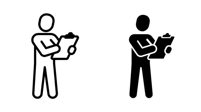 Simple stick figure icons depicting a person holding and reading a clipboard document.