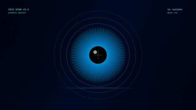 A futuristic HUD interface displays an active Iris Scan Verification process with a glowing blue digital eye graphic scanning biometric data continuously.