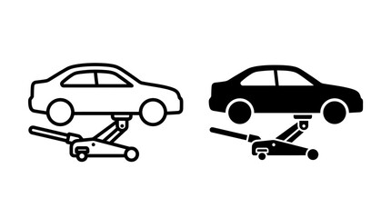 Fototapeta premium Set of car lifting jack icons featuring outline and solid black vehicle maintenance symbols.