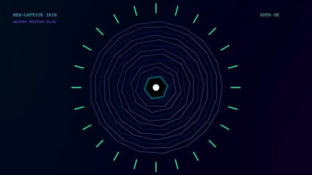 A digital security screen demonstrates an iris scan verification process as circular sectors slowly illuminate green to authorize access into a highly secure network.