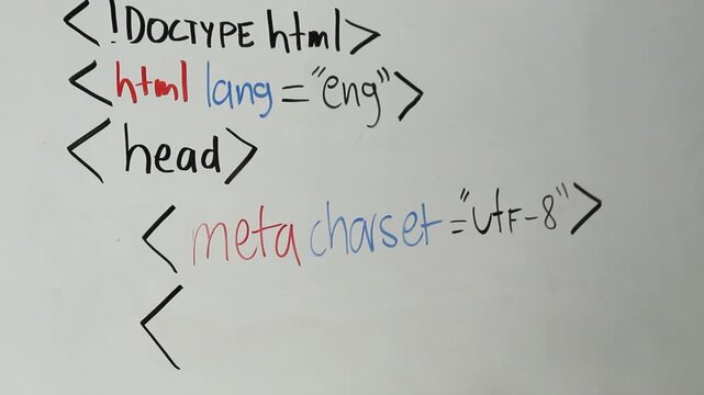 Detailed view of a developer writing a HTML Code on an acrylic whiteboard