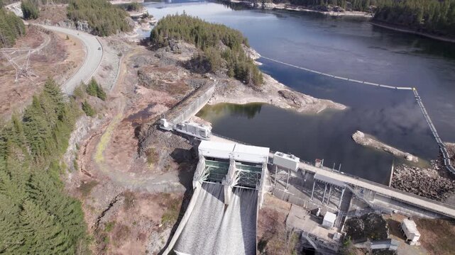 Aerial drone view of hydroelectric dam and reservoir in Whistler, British Columbia, Canada