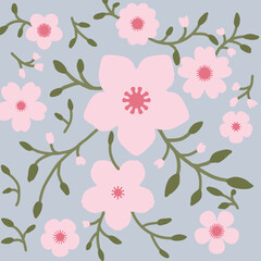 Obraz premium Charming Pink Floral Seamless Pattern with Soft Blossoms and Green Leaves on Light Blue Background for Stylish Textile and Decorative Design.