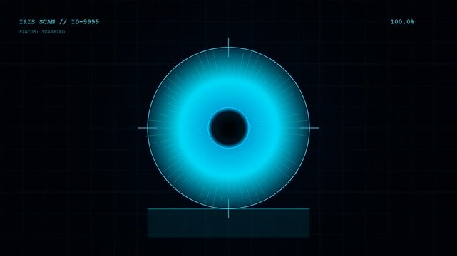 A futuristic glowing blue hud interface showcases an Iris Scan Verification process as progress bars load and successfully validate biometric data security.