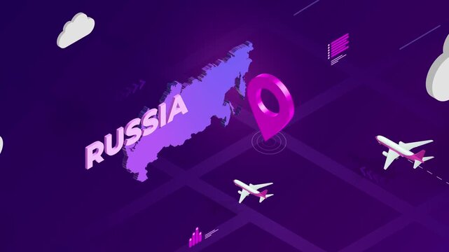Isometric Design, Russia Map Silhouette Location Pin and Airplanes on Purple Animation, Travel Background