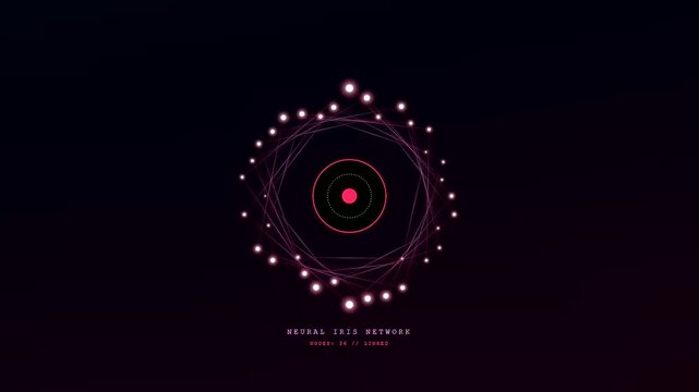 This digital iris scan verification interface animation displays a glowing pink neural network connecting multiple nodes around a central red biometric pupil.