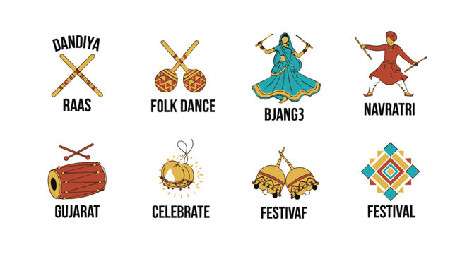 Colorful vector illustration set featuring dandiya raas sticks, bhangra dancer, navratri celebration, gujarat drum, festive bells, and traditional geometric festival patterns on