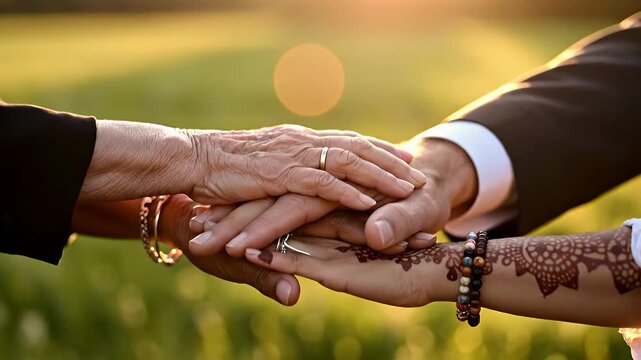 Diverse multi-generational hands stacked together in unity