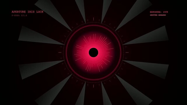 A futuristic digital display demonstrates an active iris scan verification process as the glowing red aperture rings rotate and pulse dynamically.