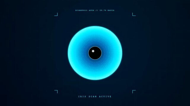 A futuristic blue Iris Scan Verification system glows on a dark screen while a green laser line moves across the pupil to authenticate security data.