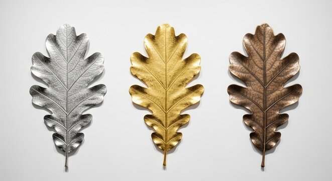 Three oak leaves crafted from embossed silver, brushed gold, and metallic bronze exhibit intricate vein details in a clean gallery space, creative, display, contemporary