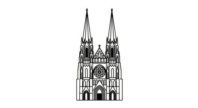 Architecture - Gothic Cathedral Facade with Twin Spires Rose Window and Cross Line Art Illustration