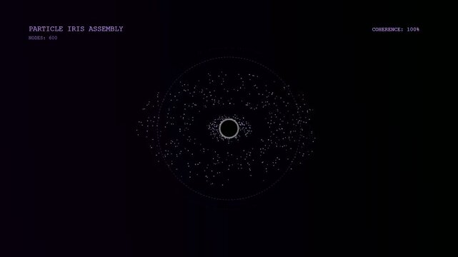 A futuristic digital system completes an Iris Scan Verification process by assembling scattered particle nodes into a coherent circular biometric security pattern.