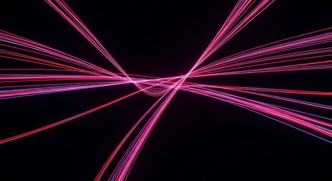 Vibrant crimson and ultraviolet laser lines interlace across a dark obsidian backdrop, forming a sleek cybernetic flow of pure energy, network, motion, black