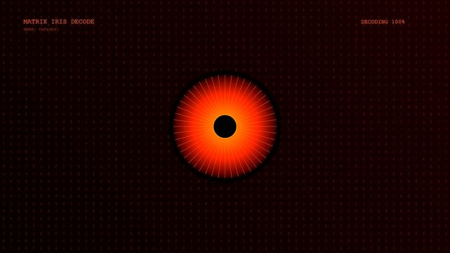A futuristic interface displays an active iris scan verification process transitioning from a simple golden wireframe to a fully decoded glowing red matrix eye.