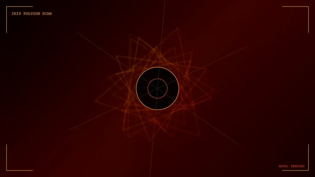 An advanced iris scan verification protocol initiates within a dark futuristic head up display featuring spinning geometric red laser lines and authorization indicators
