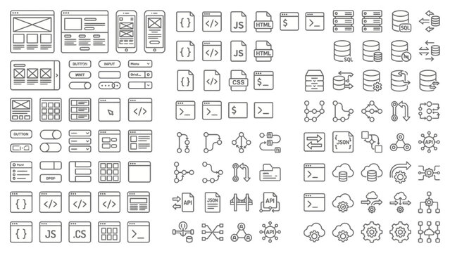 Web development and programming coding icon set, UI layout script database API, for software engineering projects, simple line style , vector illustration