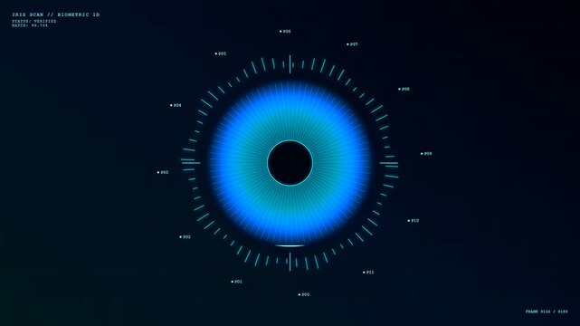 A high tech iris scan verification system visualizes data scanning animations on a dark HUD display for secure cyber biometric access control protection.