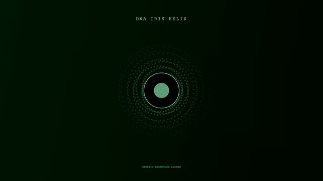 Futuristic HUD interface displays a detailed Iris Scan Verification process as glowing green spiral rings dynamically align and lock a genetic signature.