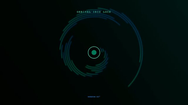 A sleek futuristic user interface displays an iris scan verification process while glowing circular graphic elements rotate around a central green biometric sensor