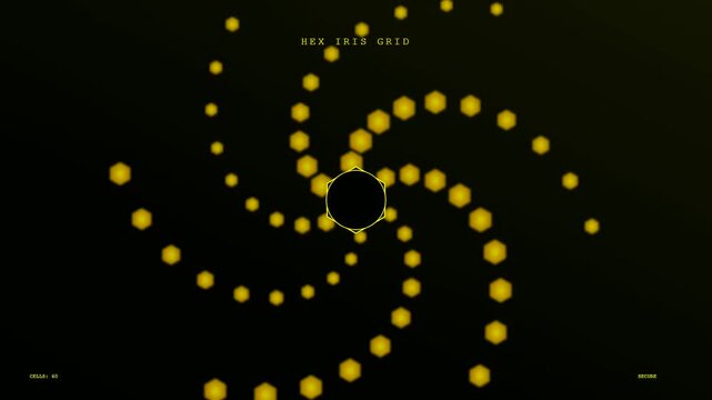 A futuristic iris scan verification process displays animated golden hexagonal particles spiraling outward in a complex digital network sequence against a dark background