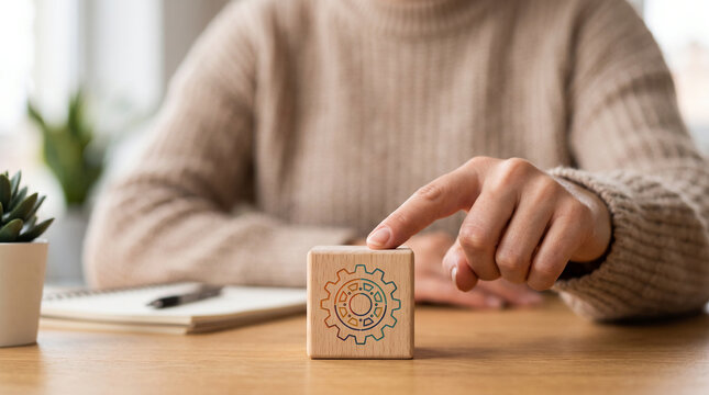 Asynchronous communication work from home desk support concept with hand pressing wooden cube
