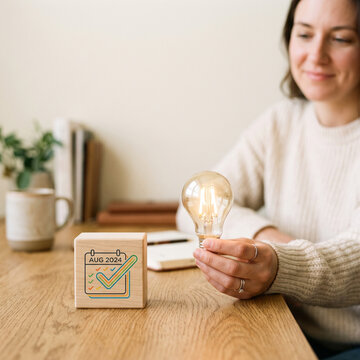 Home work communication asynchronous planning with light bulb and calendar cube in cozy interior