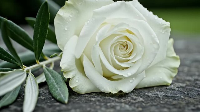 White rose and olive branch on stone surface.